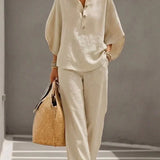 Sofía | Conjunto de Efecto Lino con Mangas Murciélago y Pantalón Ancho