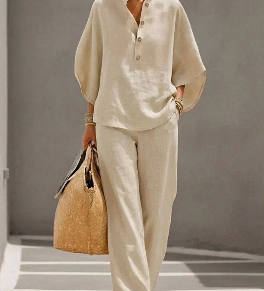 Sofía | Conjunto de Efecto Lino con Mangas Murciélago y Pantalón Ancho