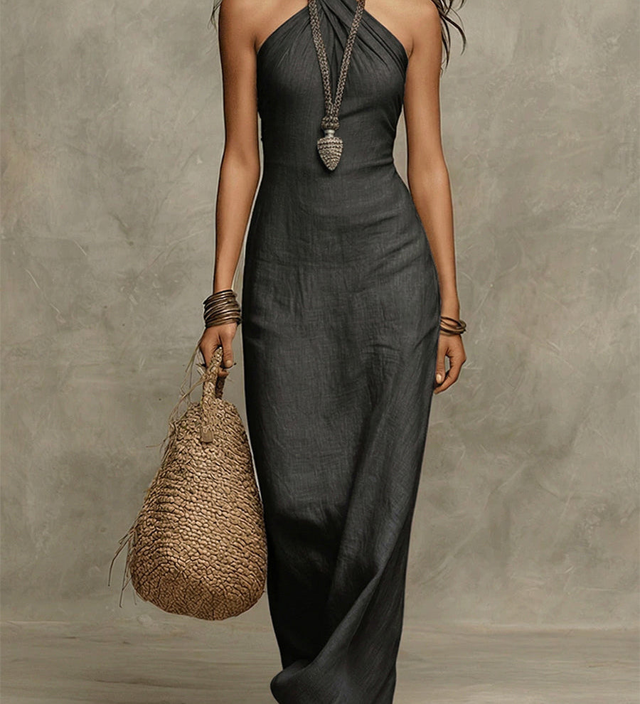 Avelina™ | Vestido Largo de Algodón y Lino con Cuello Americano