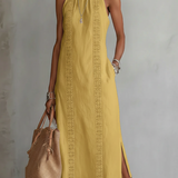 Jimena | Vestido Midi Relajado Bordado con Cuello Mao