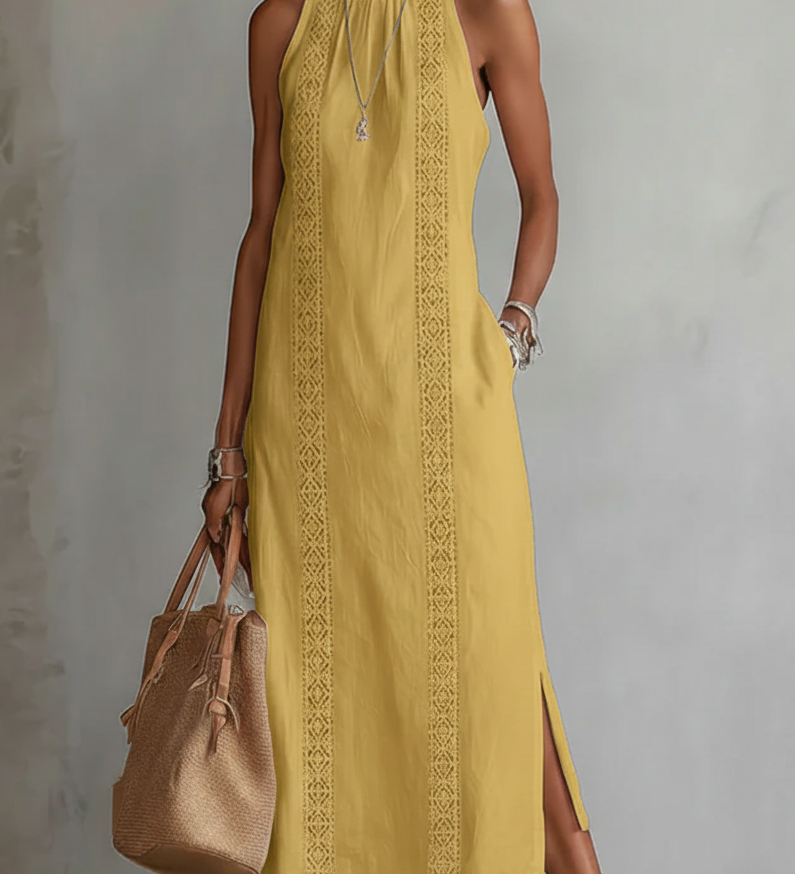 Jimena | Vestido Midi Relajado Bordado con Cuello Mao