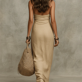 Avelina™ | Vestido Largo de Algodón y Lino con Cuello Americano
