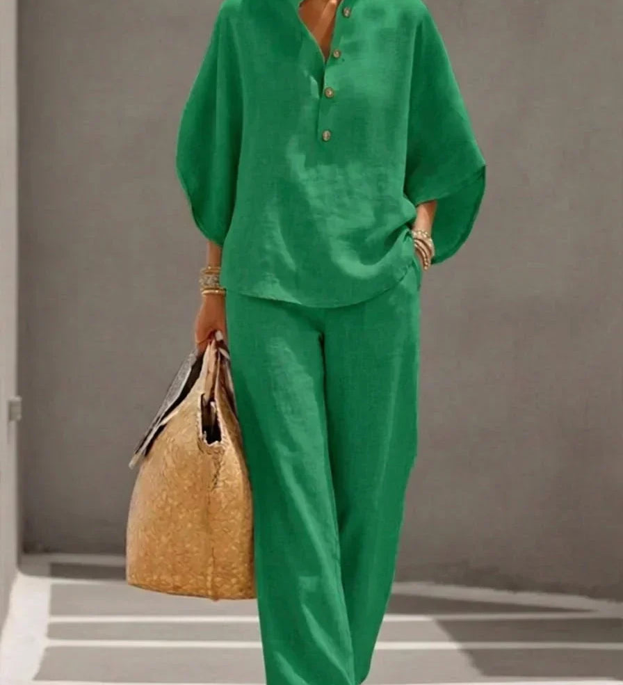 Sofía | Conjunto de Efecto Lino con Mangas Murciélago y Pantalón Ancho