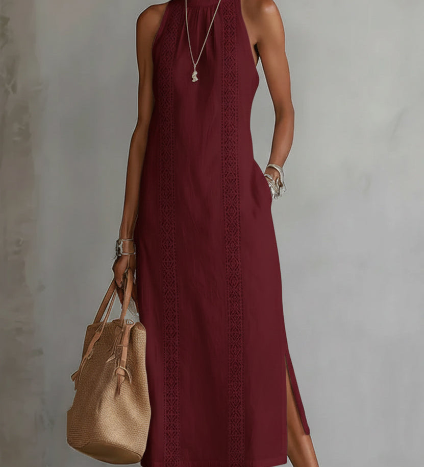 Jimena | Vestido Midi Relajado Bordado con Cuello Mao