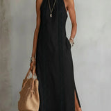 Jimena | Vestido Midi Relajado Bordado con Cuello Mao