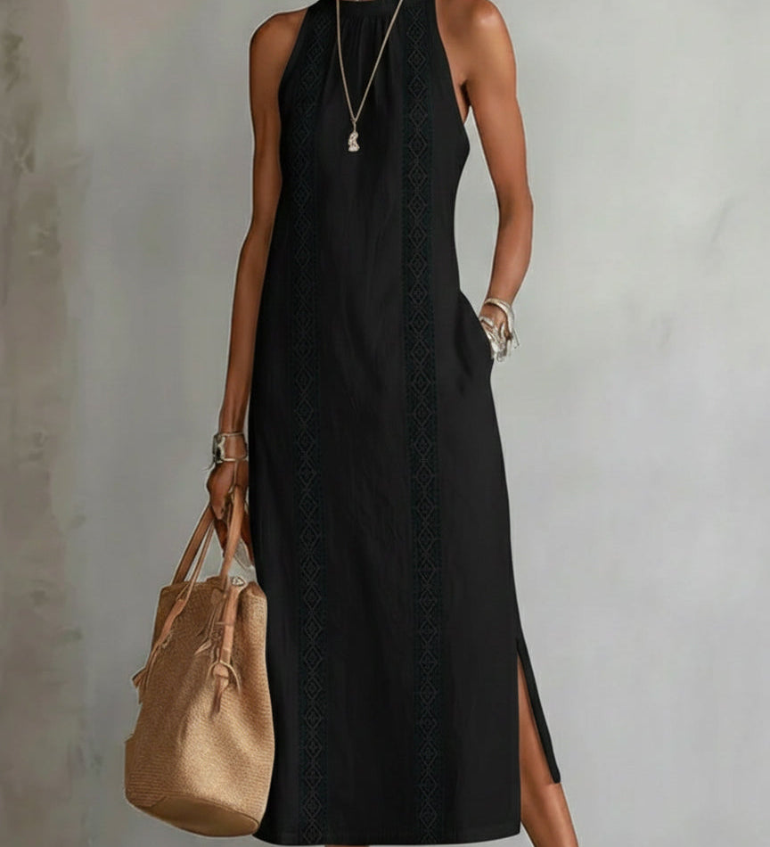 Jimena | Vestido Midi Relajado Bordado con Cuello Mao
